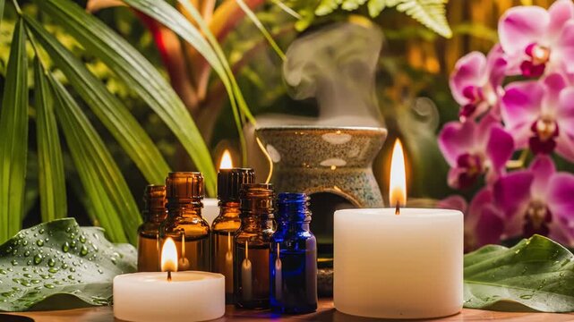 Aromatherapy setup featuring lit candles, glass oil bottles, and a ceramic burner among tropical palm foliage and orchids on a wooden table in a garden setting.