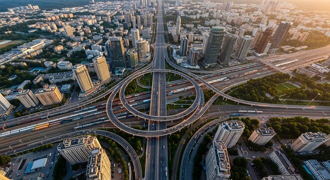 Aerial View of a Complex Urban Highway Interchange at Sunset.