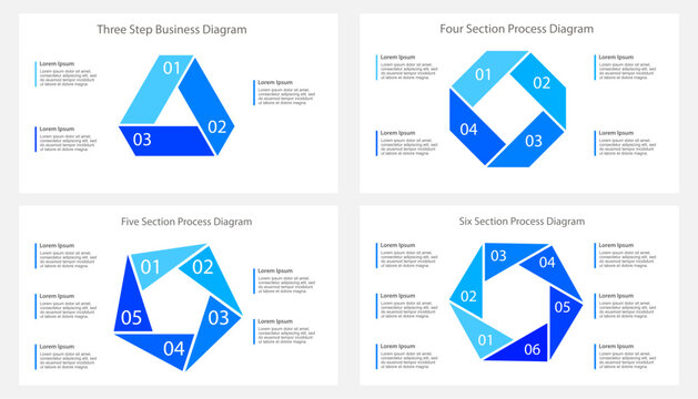 Three to Six Step Blue Segmented Polygon Process Infographic Set