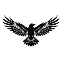 Obraz premium A minimalist black silhouette of a flying raven with wings spread wide isolated on a clean white background for graphic design projects