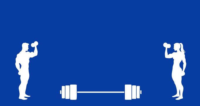 Vector silhouette animation of a man and a woman lifting barbells, isolated on a blue background with copy space.