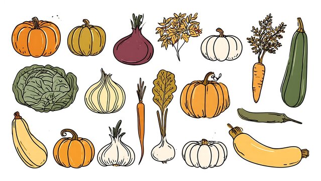 Set of hand drawn autumn harvest vegetables and pumpkins.