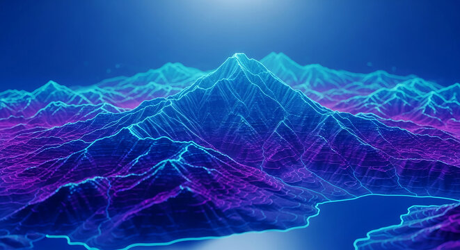 Neon topographic map of mountains in blue and purple, symbolizing data visualization or digital landscape exploration