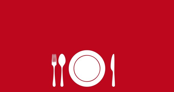 Vector silhouette animation of cutlery fork, spoon, plate and knife isolated red background with copy space area