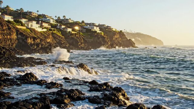Ocean wave crashing against rocky coast near houses