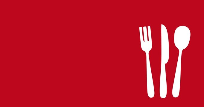 Vector silhouette animation of fork, knife and spoon isolated red background with copy space area