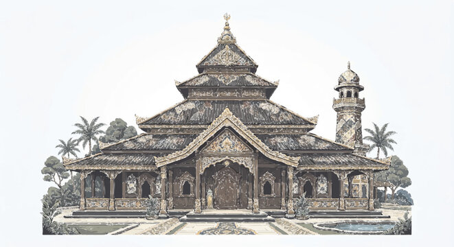 Mosque Agung Demak Vector Illustration | Indonesian Historic Mosque with Javanese Joglo Roof and Batik Pattern