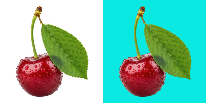Juicy red cherry with leaf isolated on transparent background