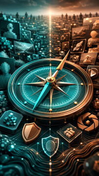 Digital compass with data network and security icons