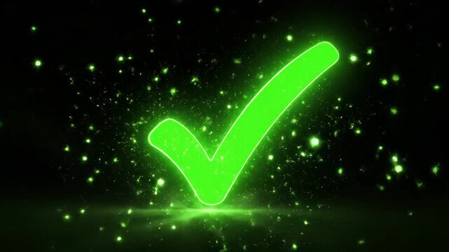 Glowing green checkmark symbol with magic sparkling dust particles in dark background.