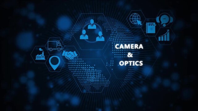 Digital camera and optics technology infographic display featuring animated global connectivity futuristic data network visualization, corporate business communication symbols, and high-tech ui
