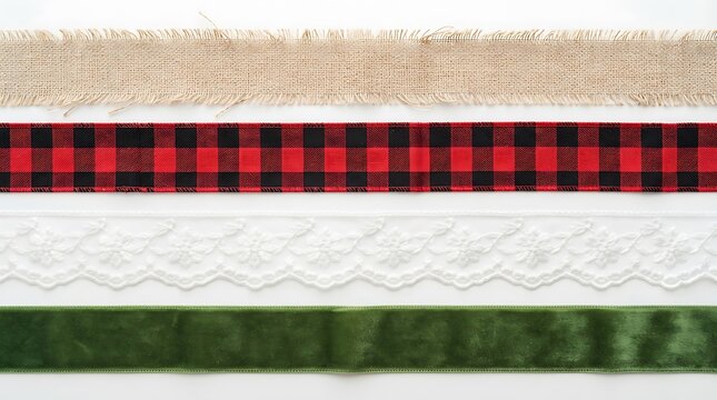 Stacked fabric ribbons in vibrant red and green hues. Decorative textile strips for crafting, sewing, and design projects.