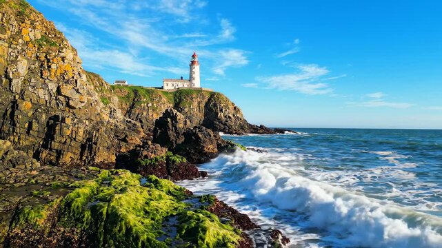 Ocean waves crashing against rocky coast with lighthouse.
