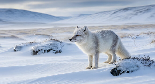 Arctic Fox Standing in Snowy Winter Tundra Landscape