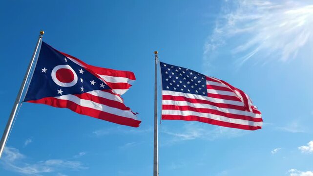 Ohio and American flags waving in blue sky