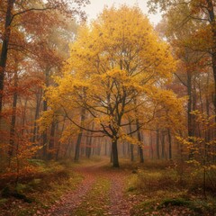 Fototapeta premium Autumn Forest Path with Golden Yellow Tree