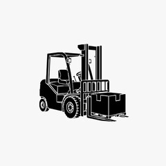 Naklejka premium Modern Black and White Line Drawing of a Forklift Lifting a Pallet of Boxes in Industrial Setting