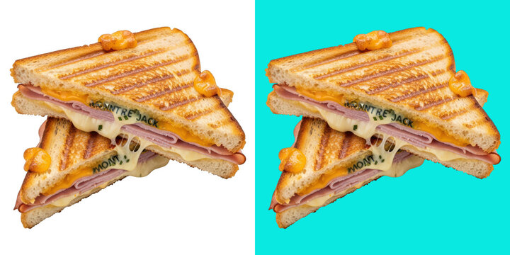 Grilled cheese sandwich with ham and melted cheese isolated on transparent background