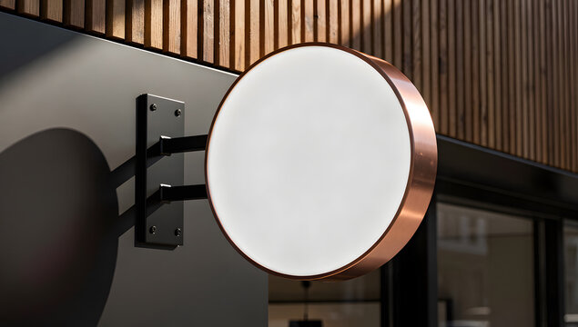 Illuminated Round Copper Frame Shop Sign Mockup Mounted on Modern Building Facade