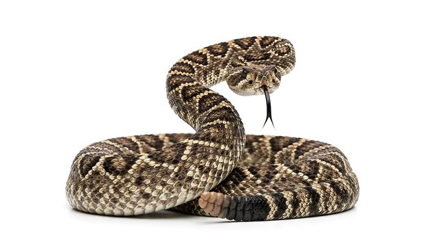 Coiled rattlesnake in defensive strike pose. Venomous pit viper ready to attack with rattle warning sound.