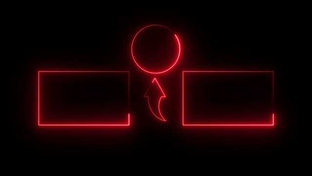 Red neon glowing rectangles and circular frame with arrow for video end screen and social media template isolated on a transparent background
