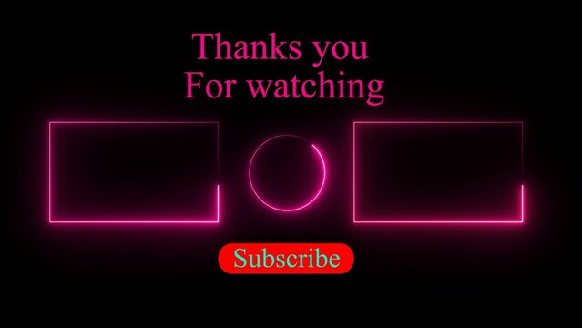 Neon pink youtube end screen template with thanks for watching text and subscribe button for video creators