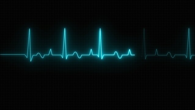 Neon blue heart rate monitor line showing a pulse heartbeat on a dark background