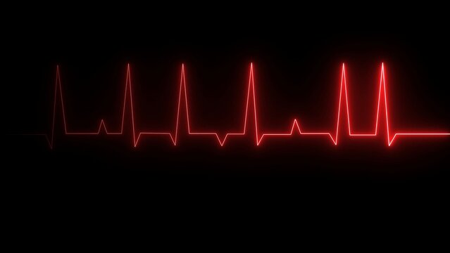 Bright red glowing heart beat line showing ekg rhythm on a dark black background