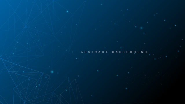Abstract blue digital background with low poly geometric network lines and glowing nodes.