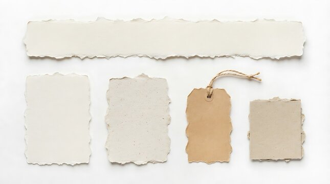 Torn paper pieces hanging on string with clips. Minimalist ripped stationery display for clean design projects.
