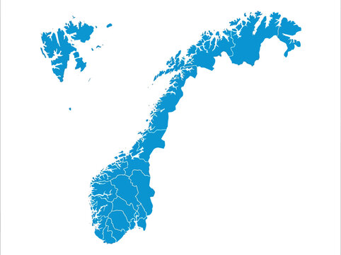 Blue Norway Map with Administrative Borders and Svalbard