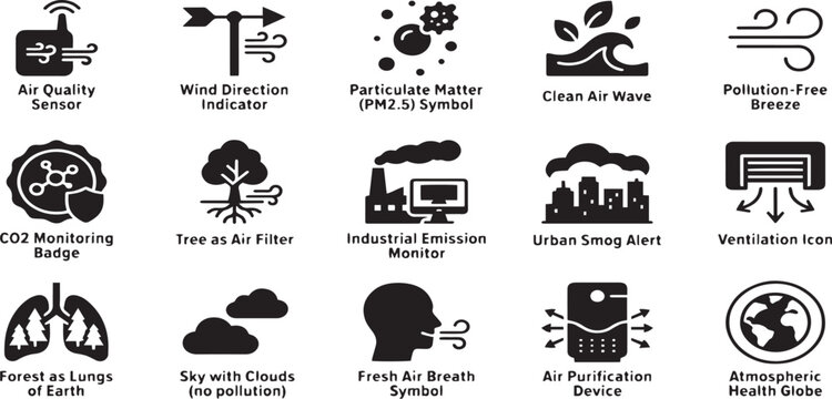 Set of black and white environmental and air pollution icons depicting climate change and ecological health issues