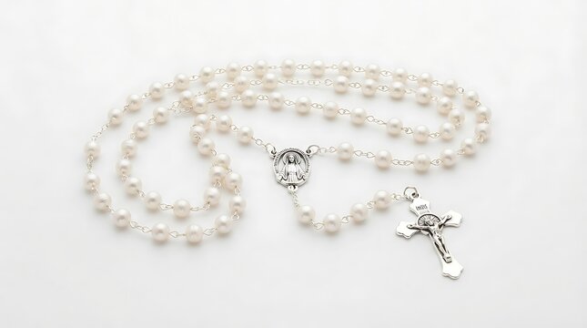 Elegant white pearl beaded necklace with silver clasp on display. Classic freshwater pearl strand jewelry for bridal, formal, or luxury fashion sty...