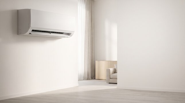 Modern Wall Mounted Air Conditioner in Minimalist White Living Room Interior
