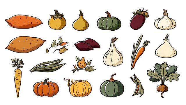 Set of Hand Drawn Autumn Harvest Vegetables and Seasonal Produce.