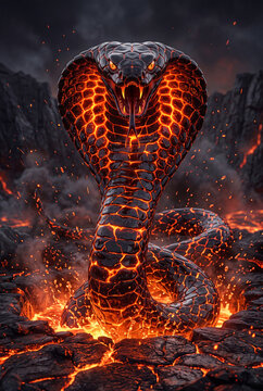 Fiery black cobra emerging from molten lava