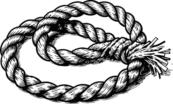 Coiled frayed rope segment twisted natural fiber cord with loose ends, nautical or industrial use concept