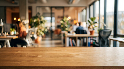 Fototapeta premium Empty wooden tabletop with blurred office interior background