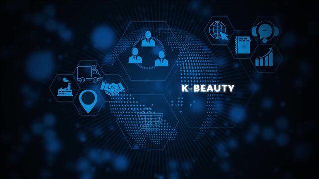 Digital k-beauty industry infographic motion featuring global e-commerce network data analytics, supply chain logistics, and consumer trends in a blue tech interface