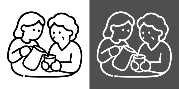 介助者が高齢者のカップに飲み物を注ぐ水分補給アイコン