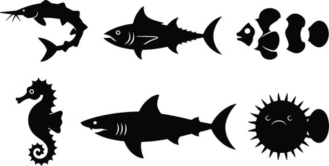 Set of black silhouette of various sea creatures and fish including a shark, seahorse, tuna, and pufferfish on a white background © Sabbir