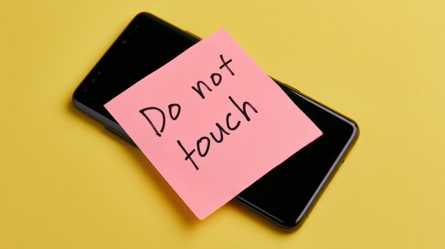 Smartphone with do not touch note on yellow background, digital detox concept