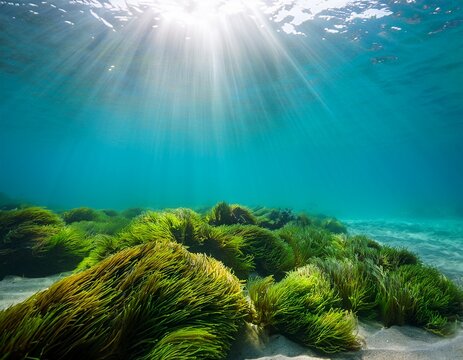 sunlight beams through the turquoise water illuminating a bed of vibrant green seaweed on a sandy ocean floor