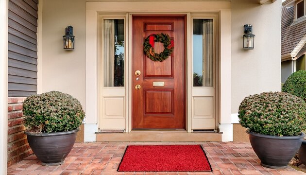 grand entrance with brown wooden front door and red welcome doormat
