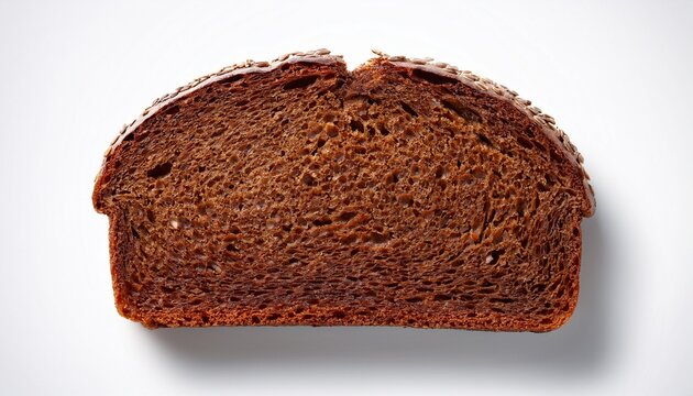 single slice of dark rye bread with caraway seeds on white background