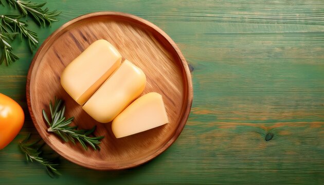 a round wooden plate with slices of provolone cheese neatly arranged placed on a rustic wooden table the background is a soft pastel green creating a fresh and natural feel space is left