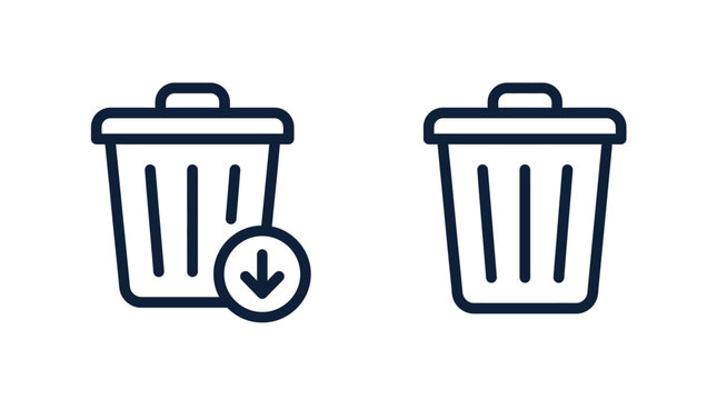 Minimalist dark blue outline icons representing trash bin containers with a download arrow symbol on a clean white digital background