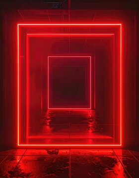Red neon squares receding into a dark, wet tunnel