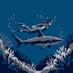 Naklejka premium Underwater Exploration With A Majestic Shark And Scuba Diver