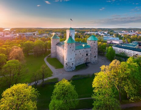 aerial view of turku castle at morning sun with green springtime trees and park in turku finland
